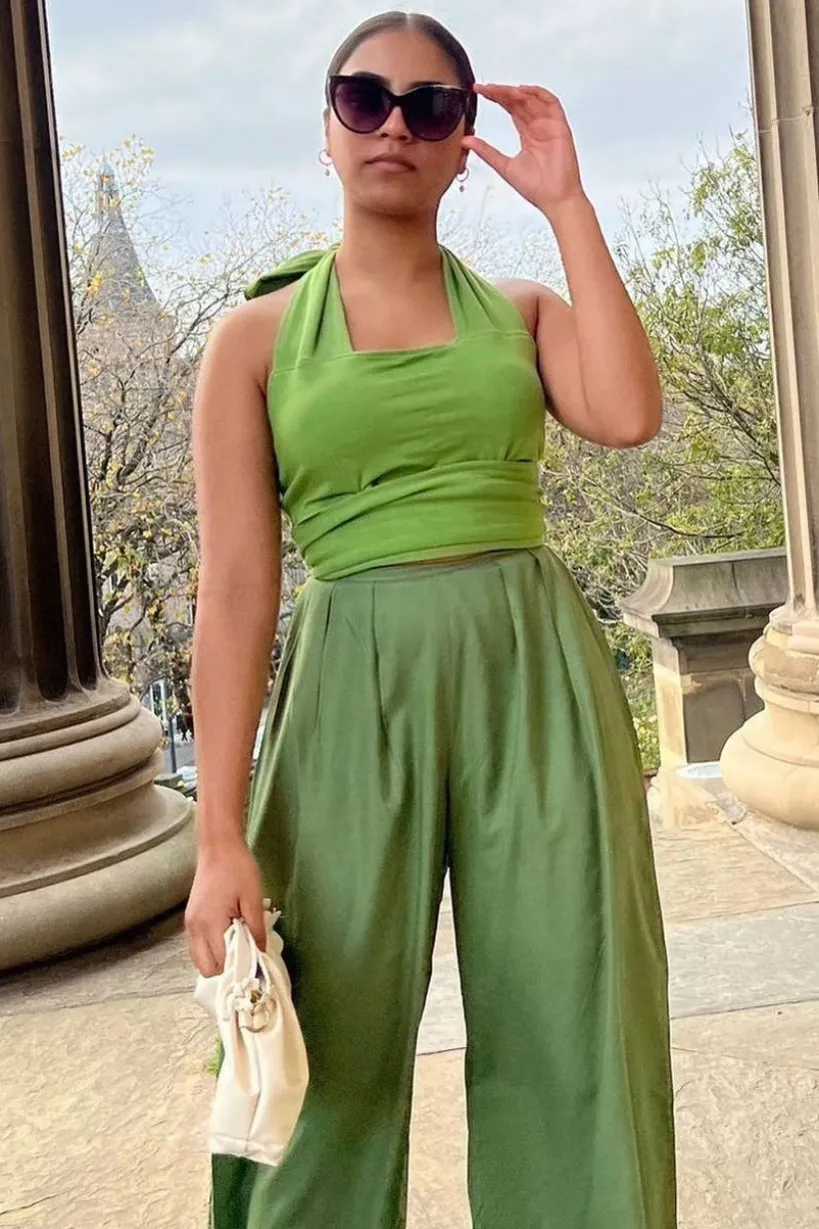 Olive Green Pleated Wide Leg Trouser by InFlair
