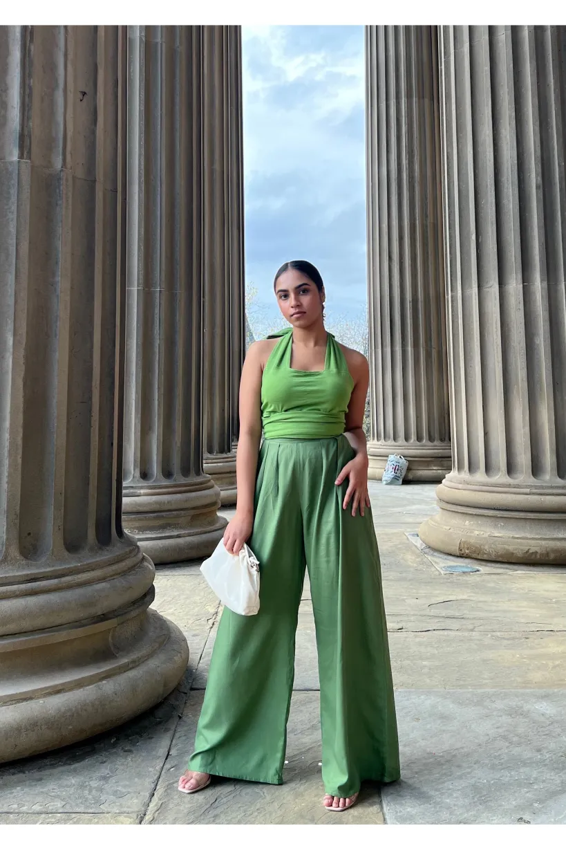 Olive Green Pleated Wide Leg Trouser by InFlair