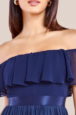 Ombre Chiffon Bardot Frill A-line Maxi Dress - Navy Ombre by Goddiva