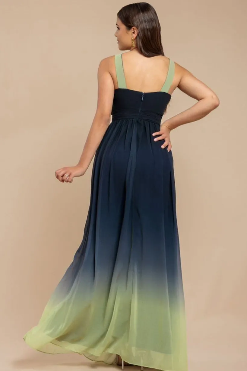 Ombre Cross Front Pleated Maxi Dress - Lime Ombre by Goddiva