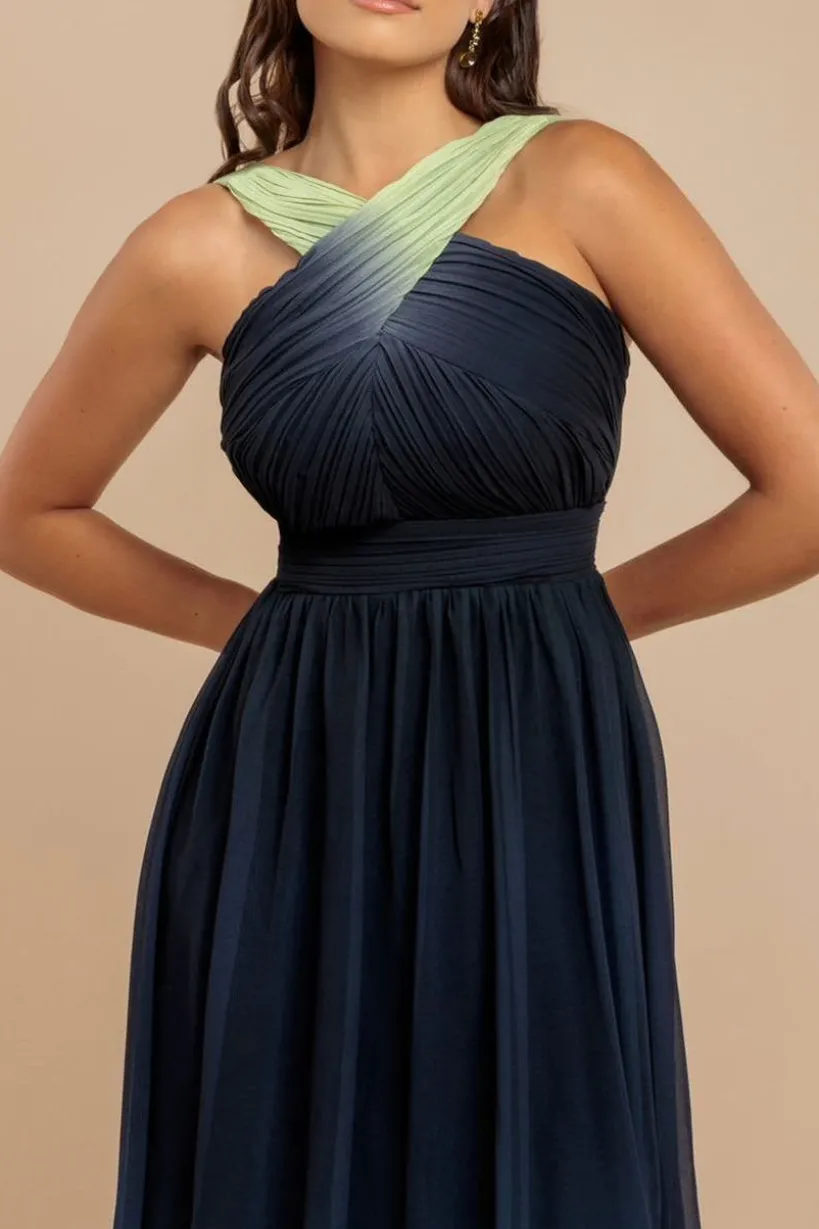 Ombre Cross Front Pleated Maxi Dress - Lime Ombre by Goddiva