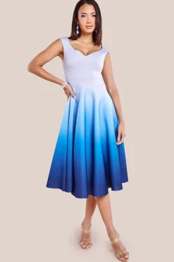 Ombre Scuba Foam Bardot A-Line Midi Dress - Light Blue by Goddiva