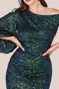 One Shoulder Asymmetric Midi Dress - Emerald Green by Goddiva