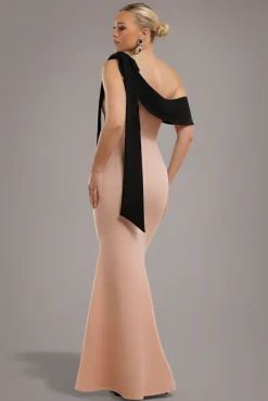 One Shoulder Contrast Bow Maxi Dress - Nude Black by Goddiva