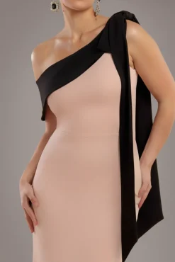 One Shoulder Contrast Bow Maxi Dress - Nude Black by Goddiva