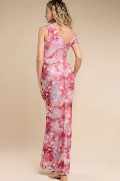 One Shoulder Cowl Neck Chiffon Floral Maxi Dress - Pink by Goddiva