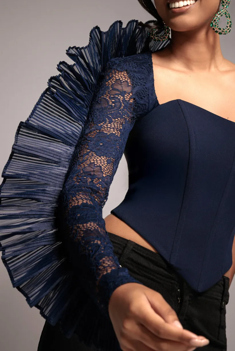 One Shoulder Fan Pleat Frill Corset Top - Navy Blue by Goddiva