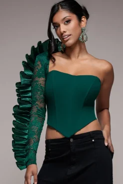 One Shoulder Fan Pleat Frill Corset Top - Emerald Green by Goddiva