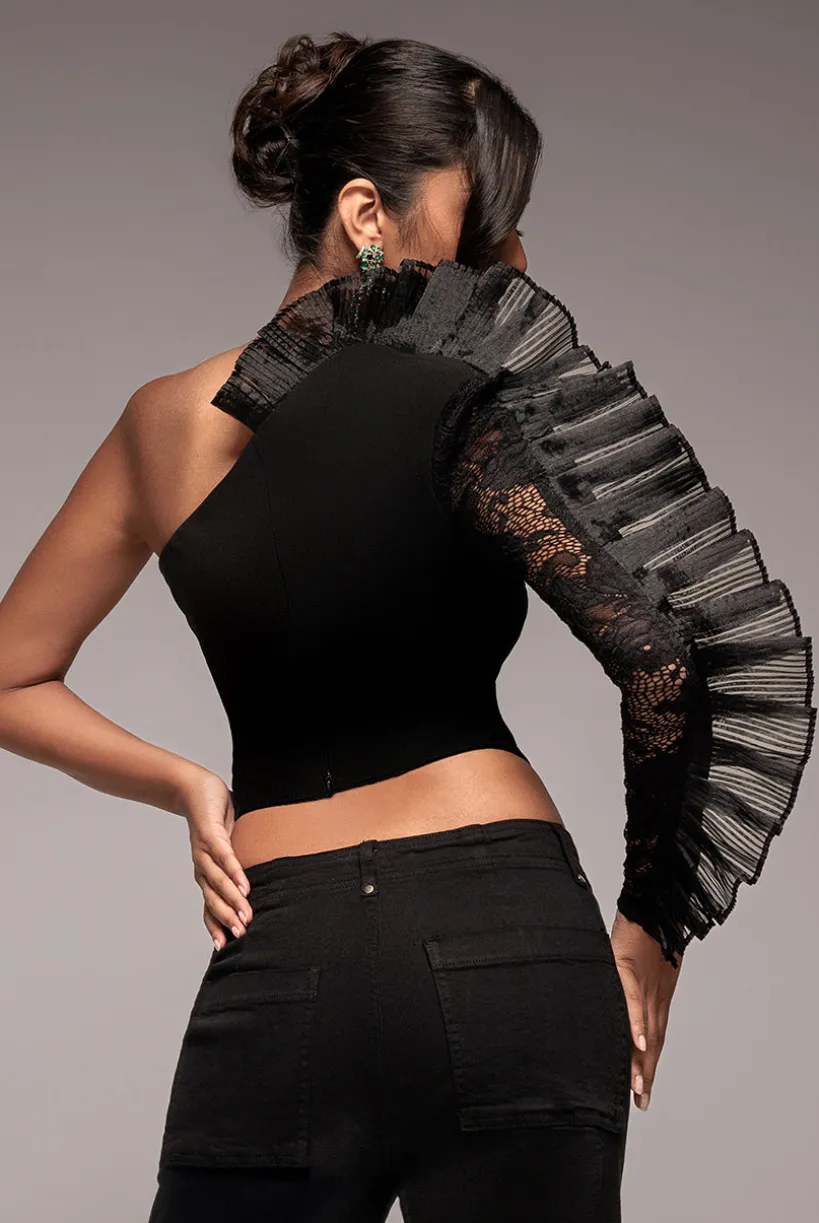 One Shoulder Fan Pleat Frill Corset Top - Black by Goddiva