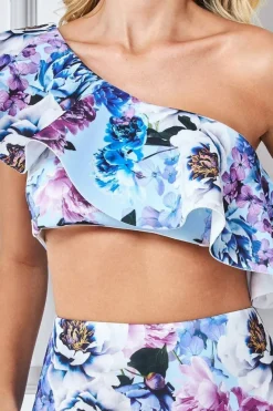One Shoulder Floral Crop Top - Light Blue by Goddiva