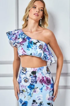 One Shoulder Floral Crop Top - Light Blue by Goddiva