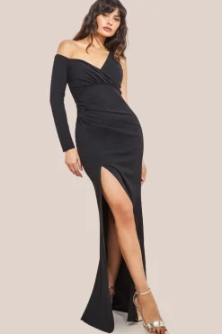 One Shoulder Front Split Scuba Maxi Dress - Black by Goddiva