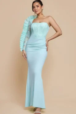 One Shoulder Organza Fan Detail Lace Bodice Maxi Dress - Mint Green by Goddiva