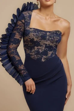 One Shoulder Organza Fan Detail Lace Bodice Maxi Dress - Navy Blue by Goddiva