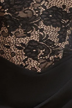 One Shoulder Organza Fan Detail Lace Bodice Midi Dress - Black by Goddiva