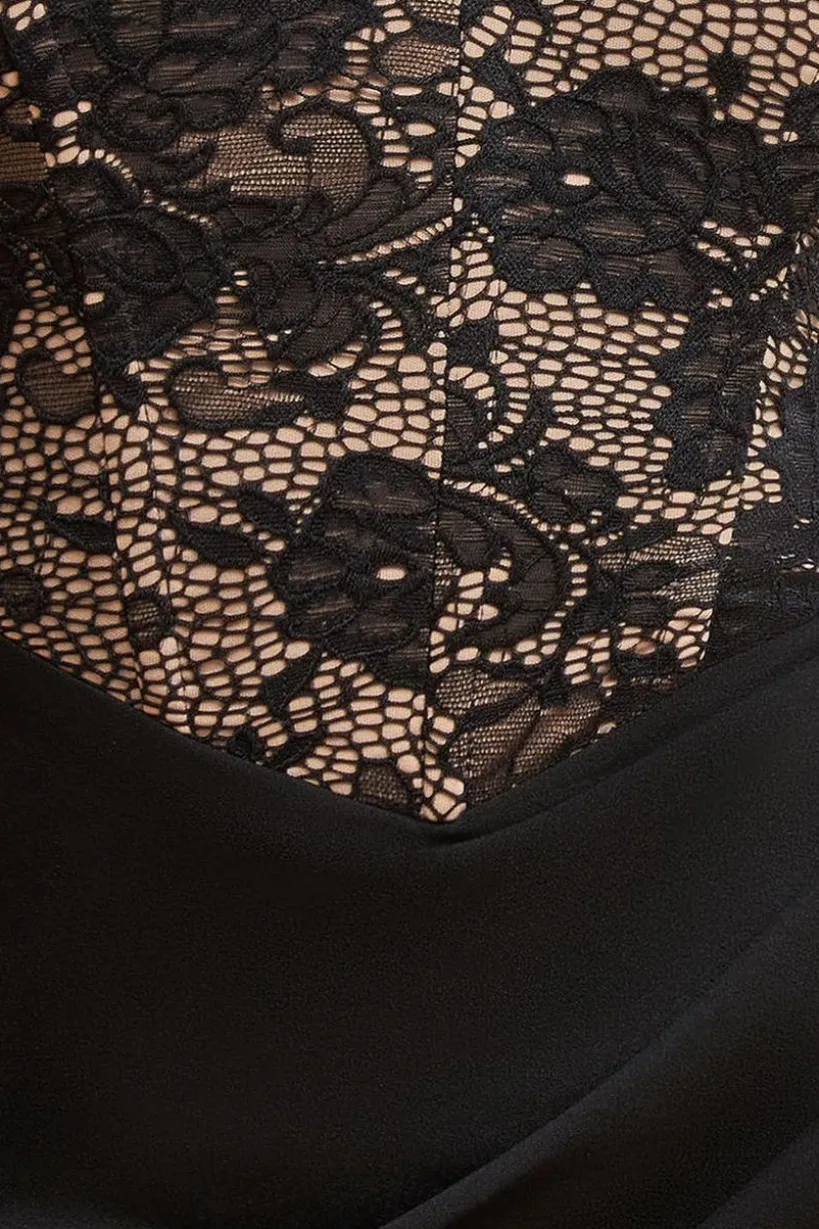 One Shoulder Organza Fan Detail Lace Bodice Midi Dress - Black by Goddiva