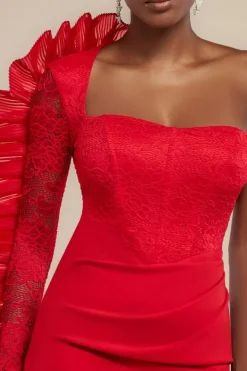 One Shoulder Organza Fan Detail Lace Bodice Midi Dress - Red by Goddiva