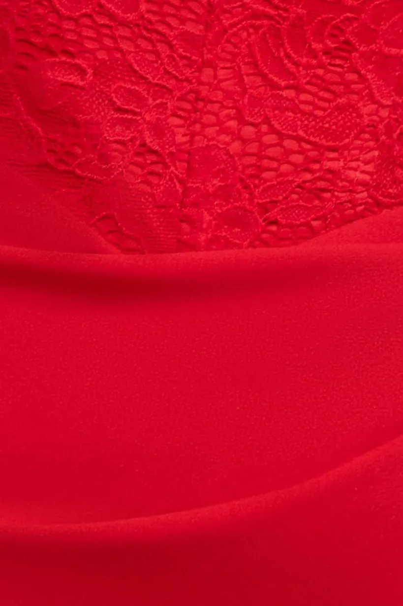 One Shoulder Organza Fan Detail Lace Bodice Midi Dress - Red by Goddiva