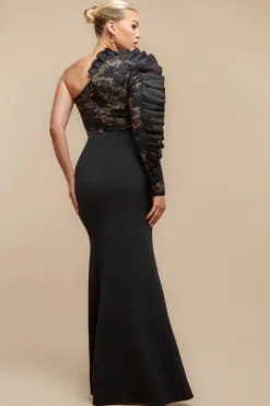 One Shoulder Organza Fan Detail Lace Bodice Maxi Dress - Black by Goddiva