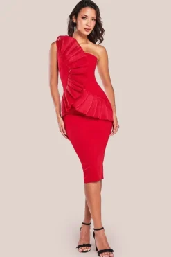One Shoulder Pleated Fan Midi Dress - Red by Goddiva
