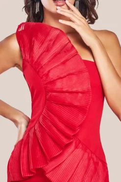 One Shoulder Pleated Fan Midi Dress - Red by Goddiva