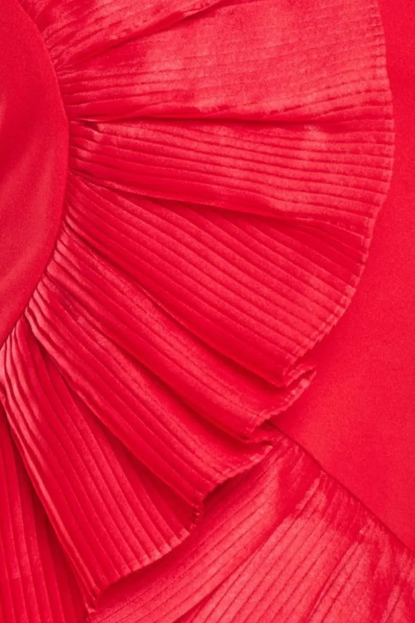 One Shoulder Pleated Fan Midi Dress - Red by Goddiva