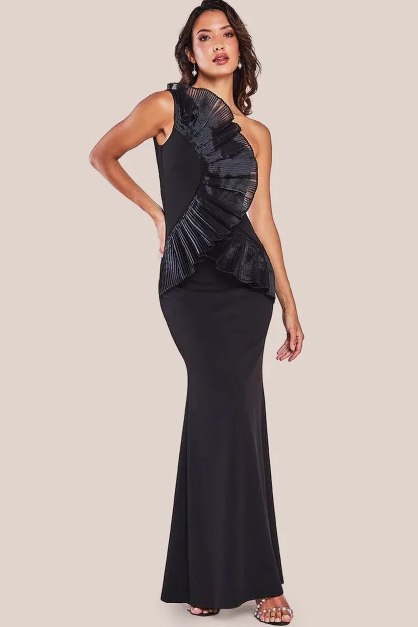 One Shoulder Pleated Fan Maxi Dress - Black by Goddiva