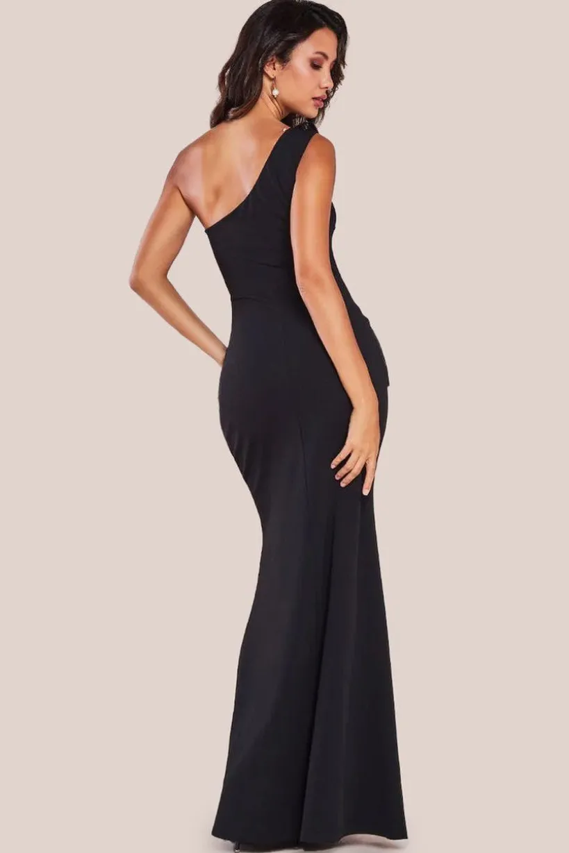 One Shoulder Pleated Fan Maxi Dress - Black by Goddiva