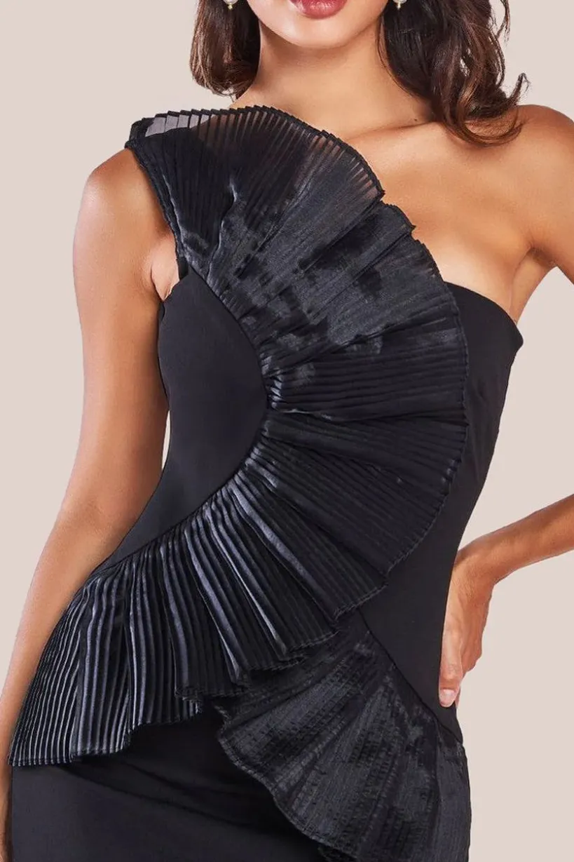 One Shoulder Pleated Fan Maxi Dress - Black by Goddiva