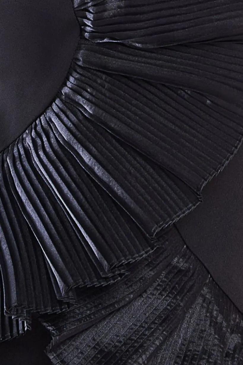 One Shoulder Pleated Fan Maxi Dress - Black by Goddiva