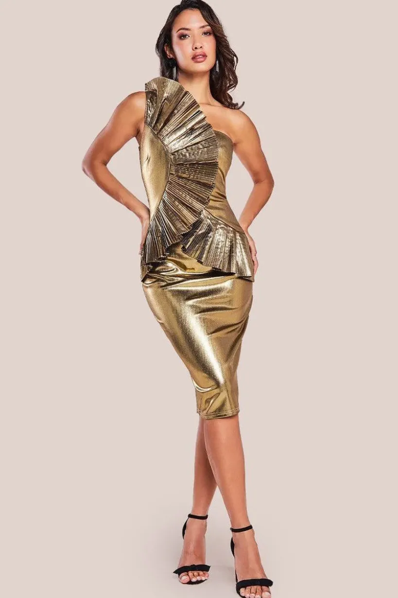 One Shoulder Pleated Fan Midi Dress - Gold by Goddiva