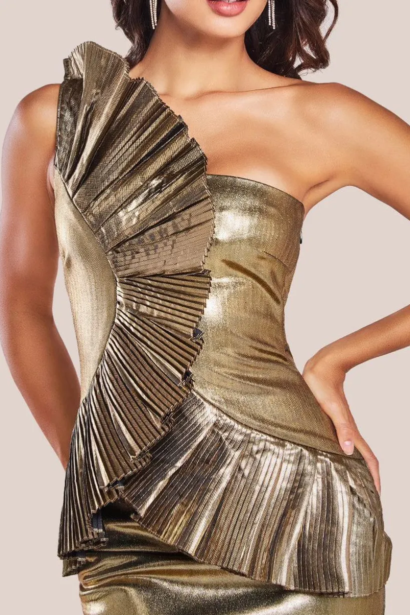 One Shoulder Pleated Fan Midi Dress - Gold by Goddiva
