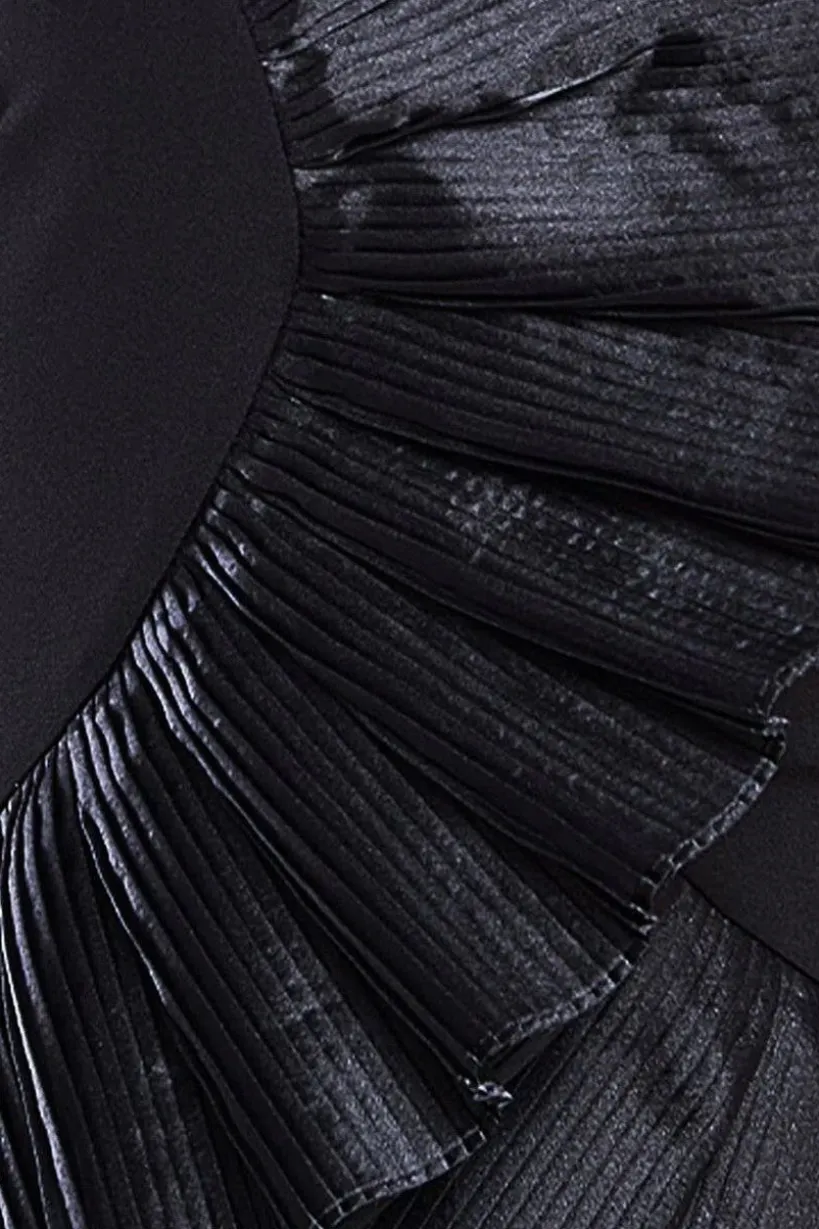 One Shoulder Pleated Fan Midi Dress - Black by Goddiva