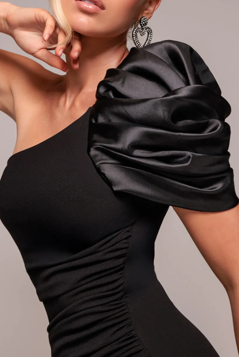 One Shoulder Puffed Satin Sleeve Evening Maxi Dress - Black by Goddiva