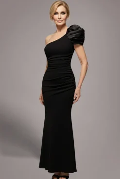 One Shoulder Puffed Satin Sleeve Evening Maxi Dress - Black by Goddiva