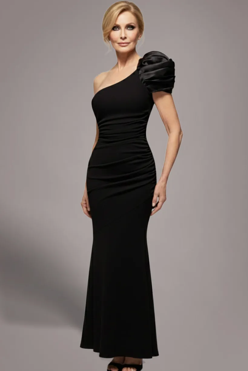 One Shoulder Puffed Satin Sleeve Evening Maxi Dress - Black by Goddiva