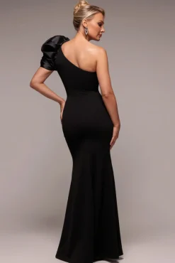 One Shoulder Puffed Satin Sleeve Evening Maxi Dress - Black by Goddiva
