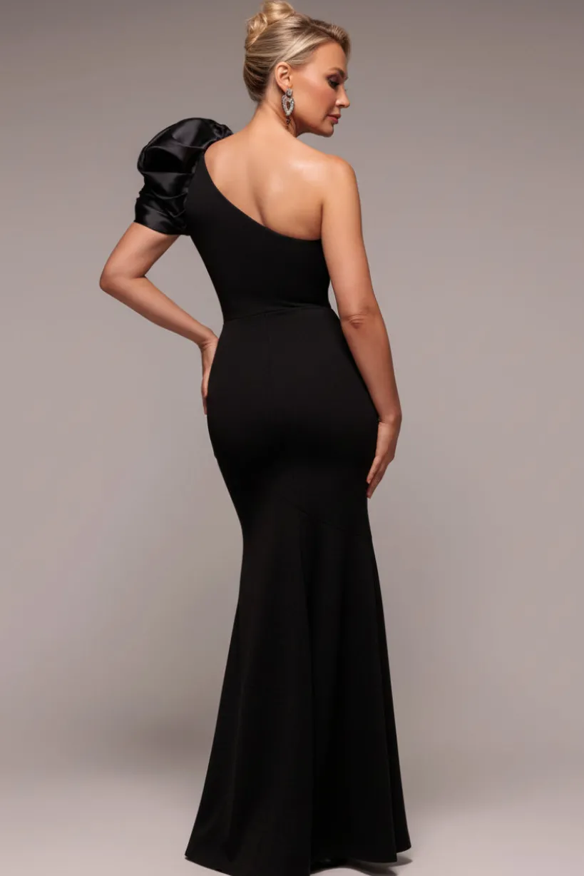 One Shoulder Puffed Satin Sleeve Evening Maxi Dress - Black by Goddiva