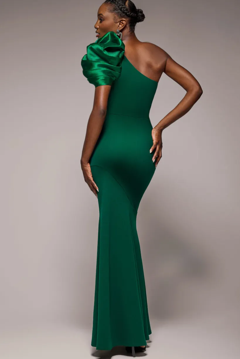 One Shoulder Puffed Satin Sleeve Evening Maxi Dress - Emerald Green by Goddiva