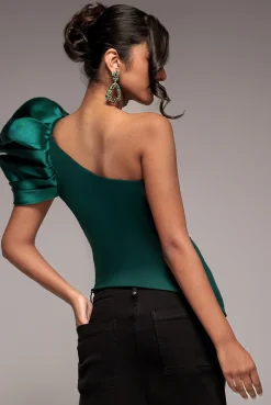 One Shoulder Puffed Satin Sleeve Asymmetric Scuba Top - Emerald Green by Goddiva
