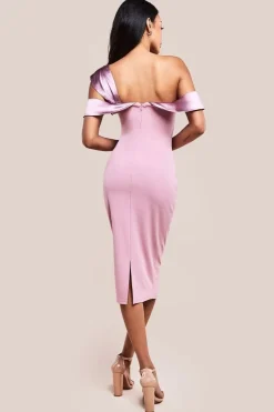 One Shoulder Satin Band Bodycon Midi Dress - Rose Pink by Goddiva