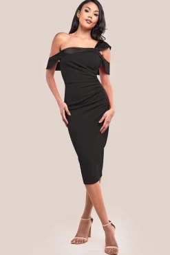 One Shoulder Satin Band Bodycon Midi Dress - Black by Goddiva
