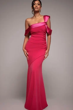 One Shoulder Satin Band Maxi Dress - Magenta by Goddiva