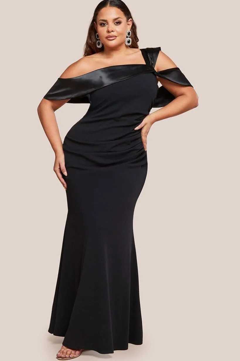 One Shoulder Satin Band Maxi Dress - Black by Goddiva Plus