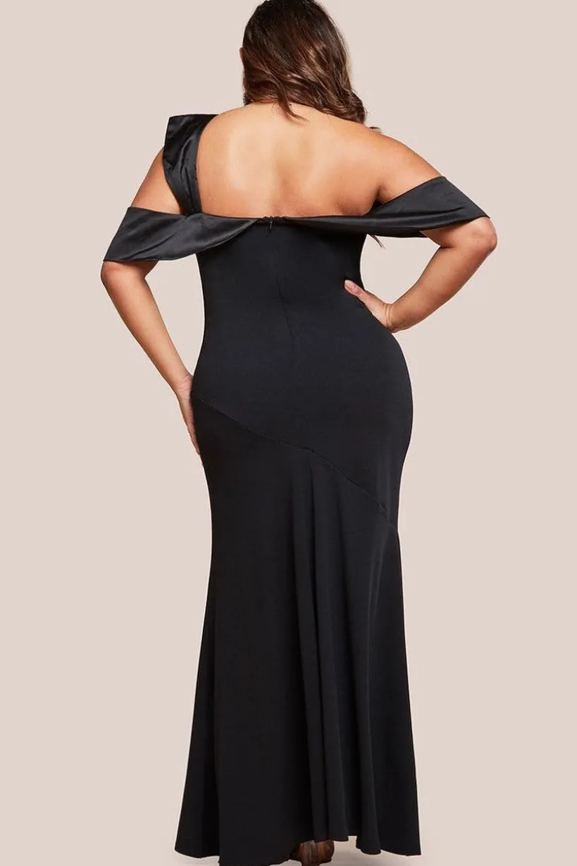 One Shoulder Satin Band Maxi Dress - Black by Goddiva Plus