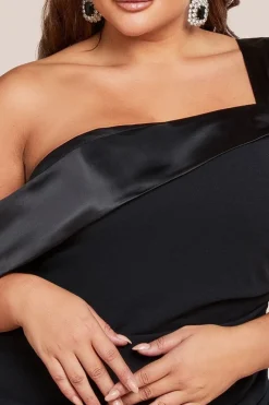One Shoulder Satin Band Maxi Dress - Black by Goddiva Plus