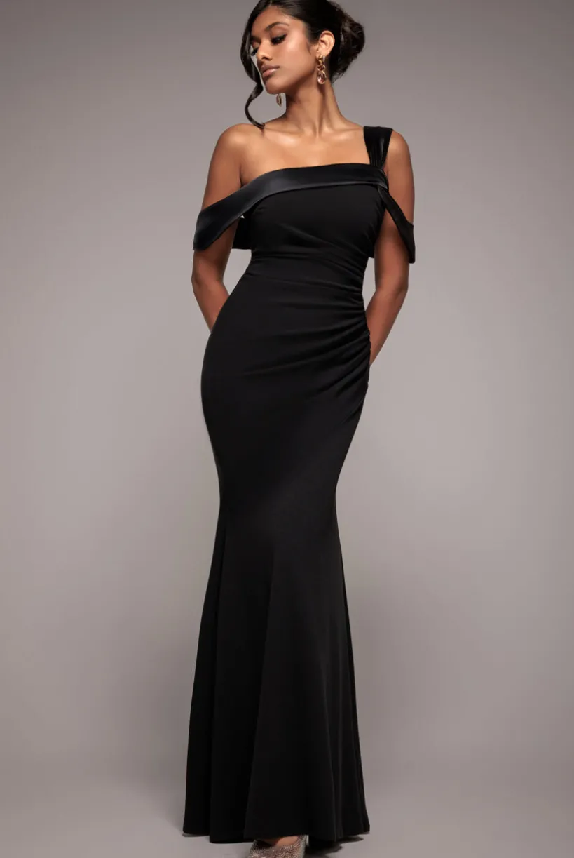 One Shoulder Satin Band Maxi Dress - Black by Goddiva
