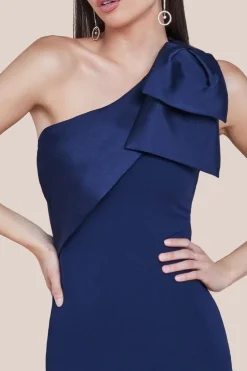 One Shoulder Satin Bow Scuba Crepe Maxi Dress - Navy by Goddiva