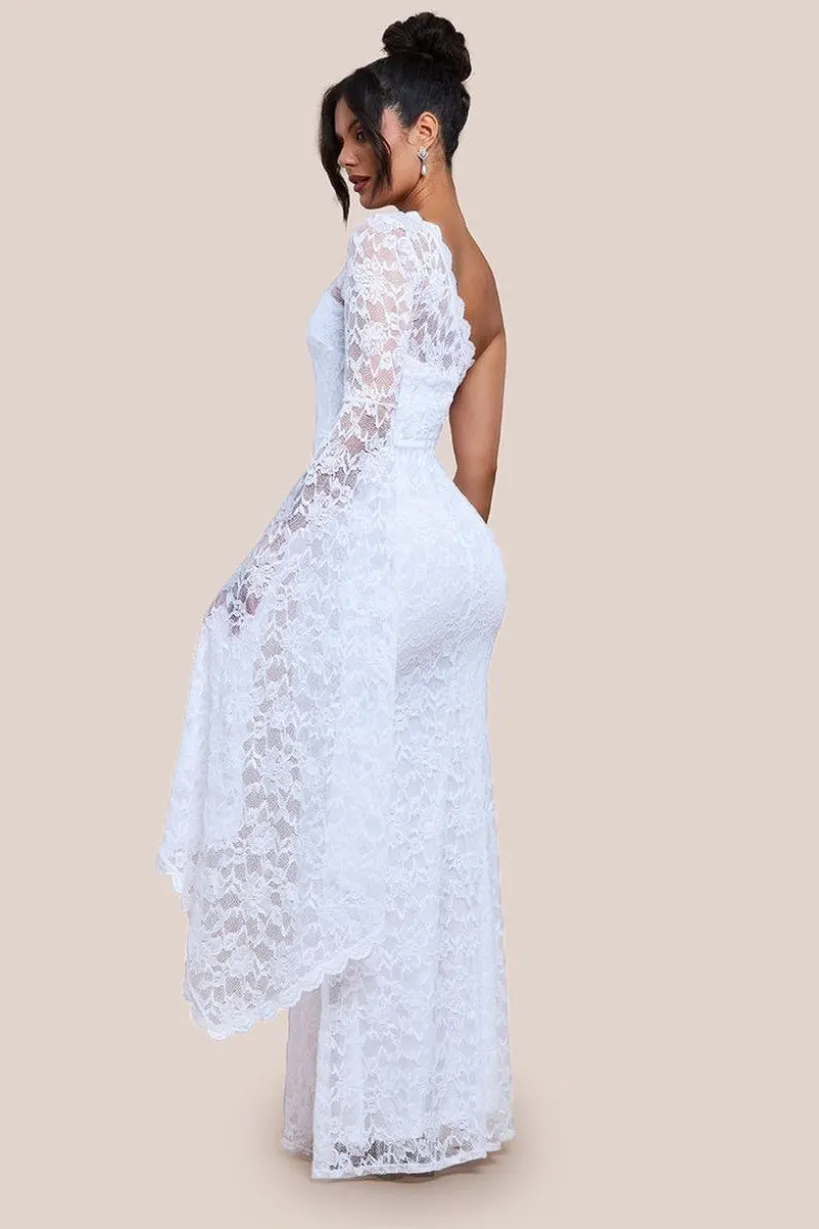 One Shoulder Scalloped Neck Maxi Dress - White by Goddiva