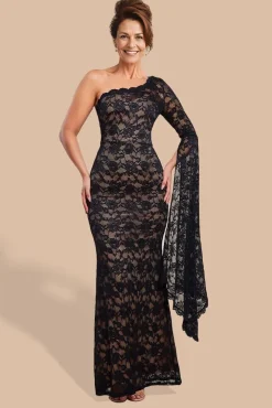 One Shoulder Scalloped Neck Maxi Dress - Black by Goddiva